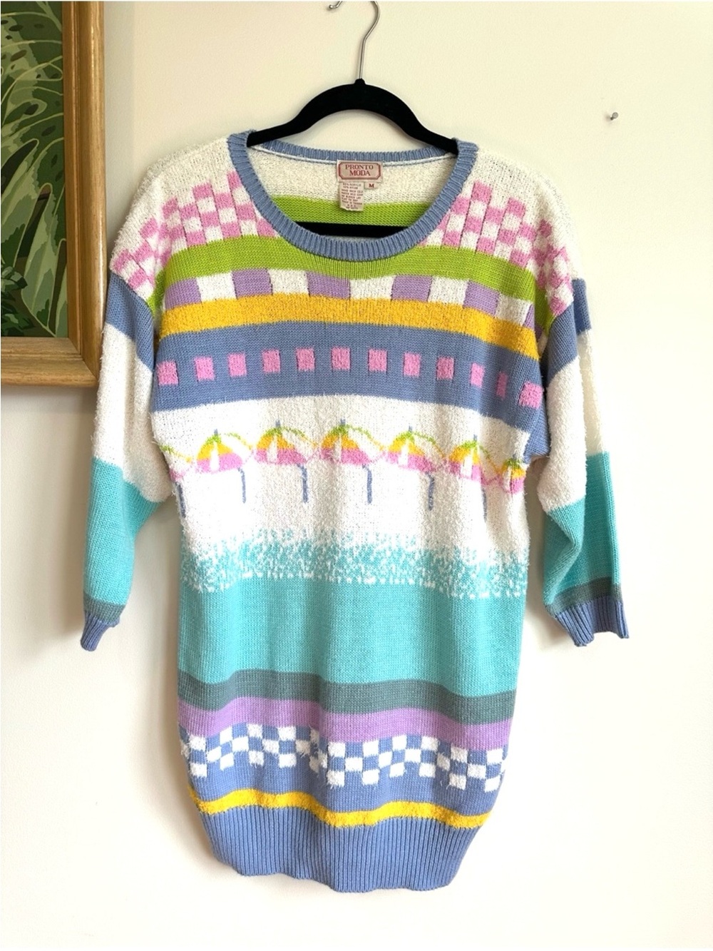 Vintage Pronto Moda Beach Umbrellas Checkerboard Novelty Sweater Womens Medium